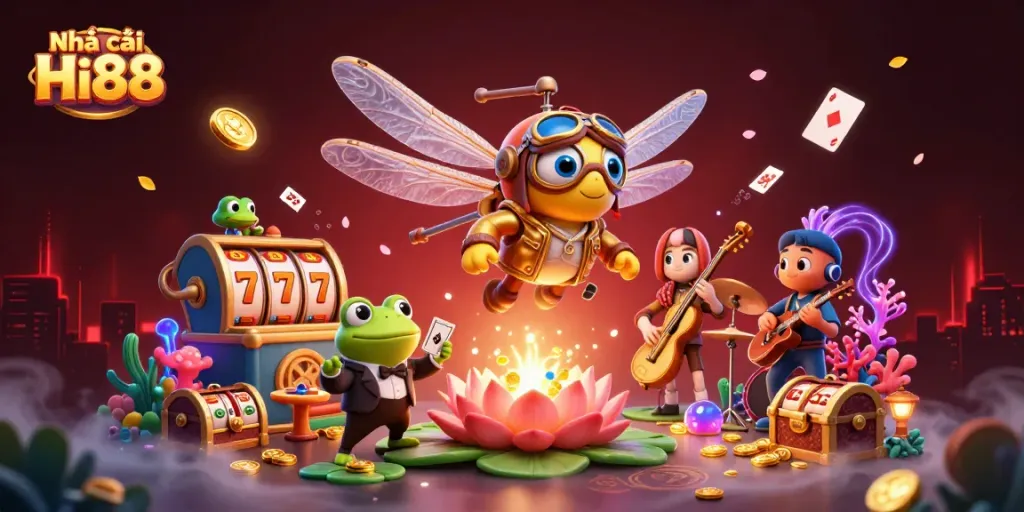 Experience the vibrant world of Nhà cái Hi88 with a thrilling dragonfly casino scene.