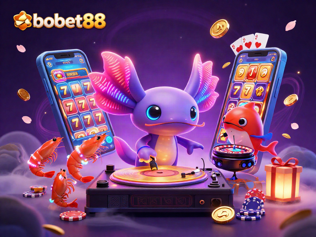 Engage in the thrill of sbobet88 with a colorful casino party scene featuring a neon axolotl DJ and vibrant slot games.