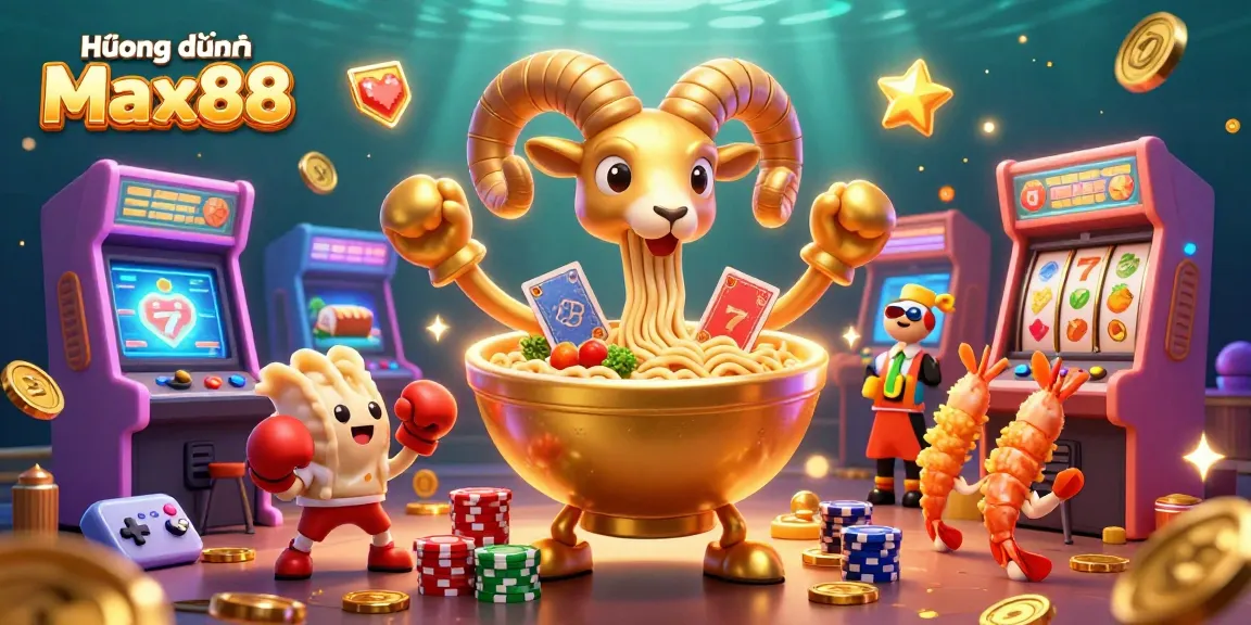Engage with Hướng dẫn Max88 featuring a vibrant 3D illustration of a giant ramen bowl character gambling at arcade game machines.