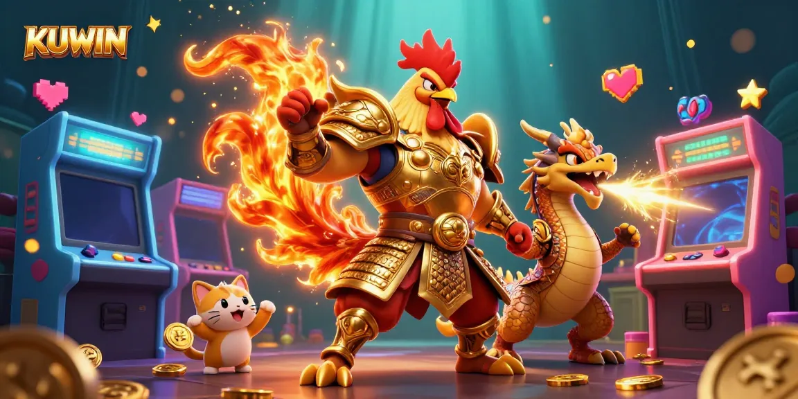 Engage with KUWIN's vibrant gaming universe featuring animated characters, arcade machines, rich colors, and dynamic energy.