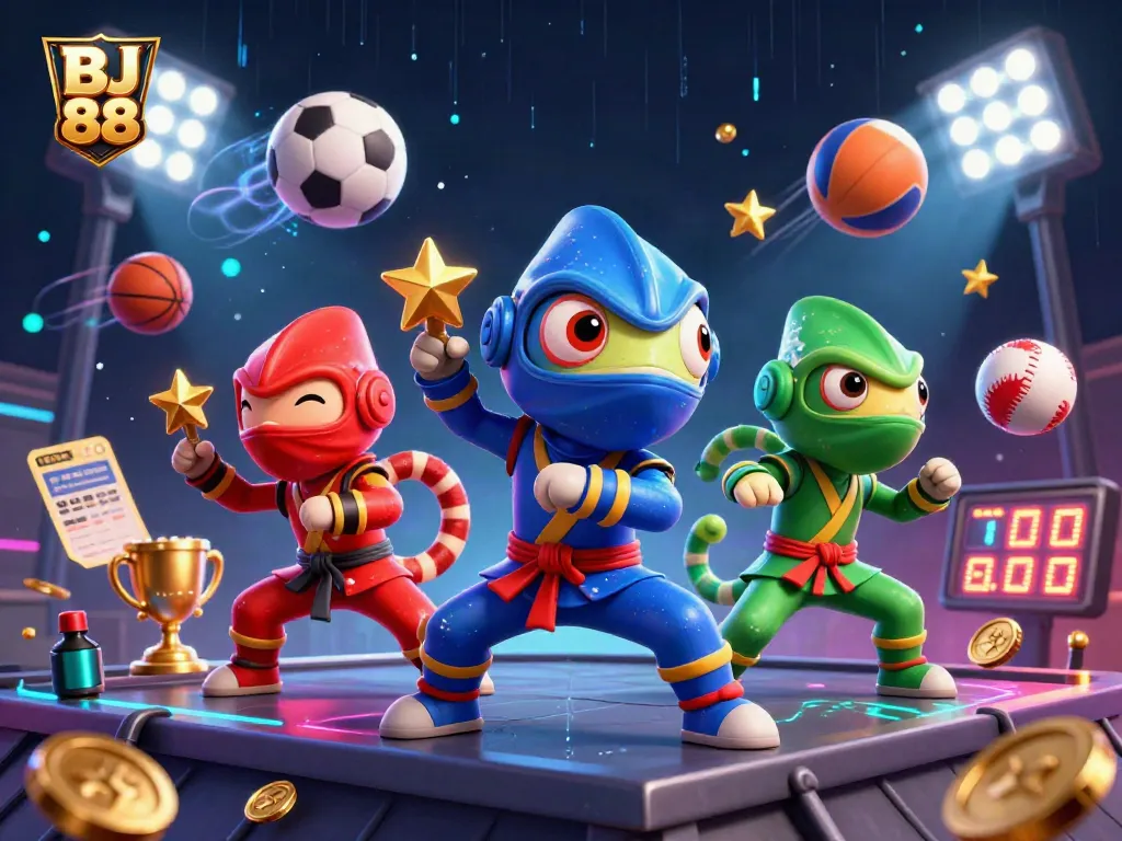 BJ 88 showcases a vibrant 3D scene of ninja chameleons and sports elements in action.
