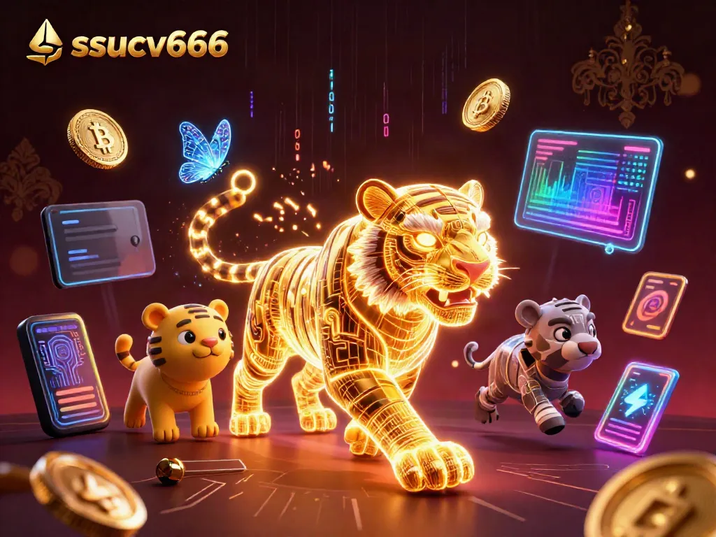 Experience the thrill of ssucv666 with an electrifying digital casino scene featuring a golden tiger and crypto elements.