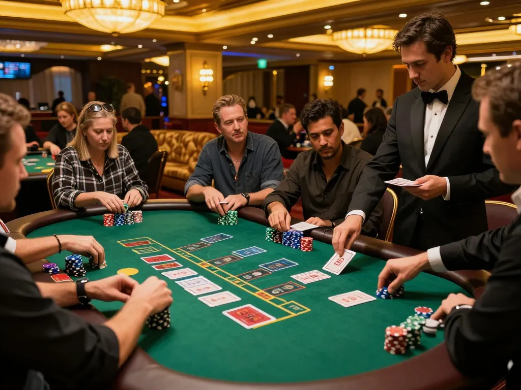 gg88 players engaging at a blackjack table, dynamic bets placed amid vibrant casino atmosphere
