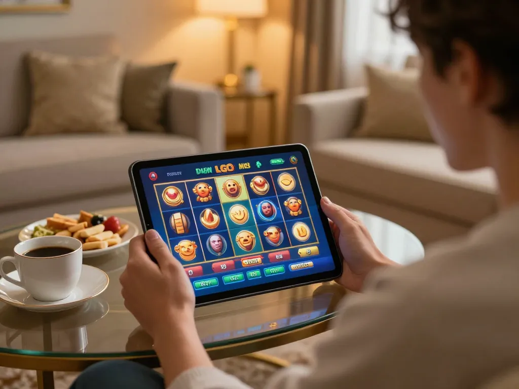LGO SUPER slot game interface displayed on tablet during relaxed gameplay at home.