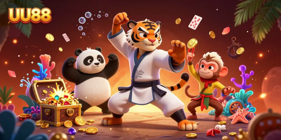 Join the fun at UU88 with a kung fu tiger master in action, amidst treasures and dynamic casino elements.