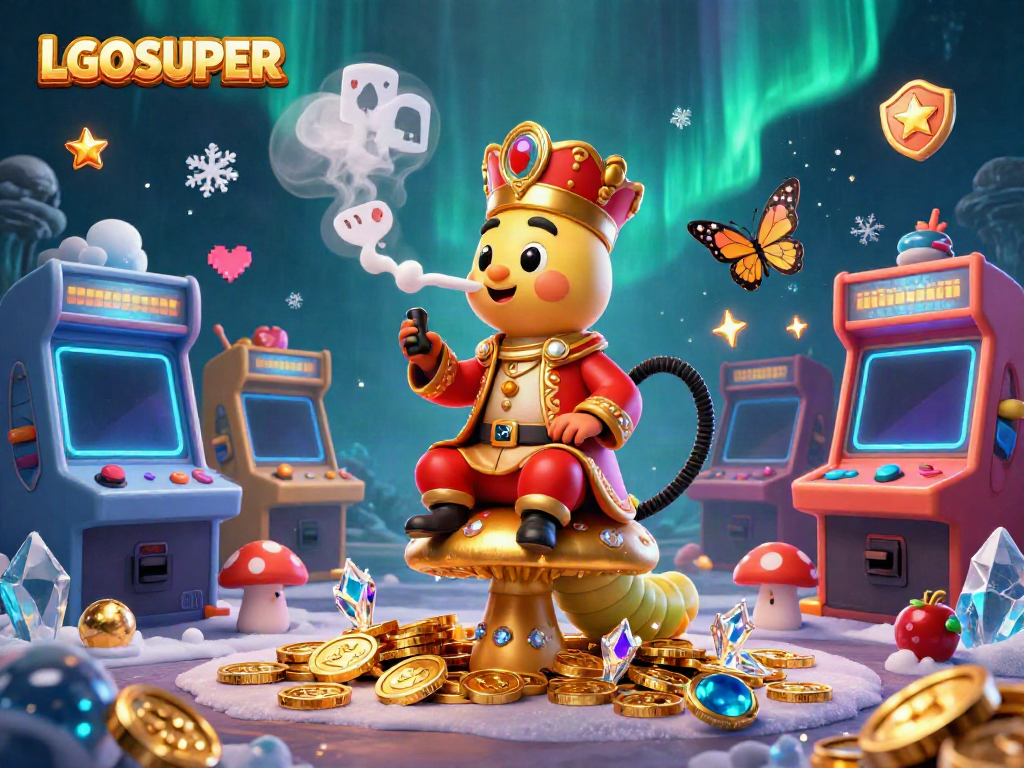 LGOSUPER offers a vibrant digital gaming experience with a caterpillar master surrounded by dynamic casino elements.