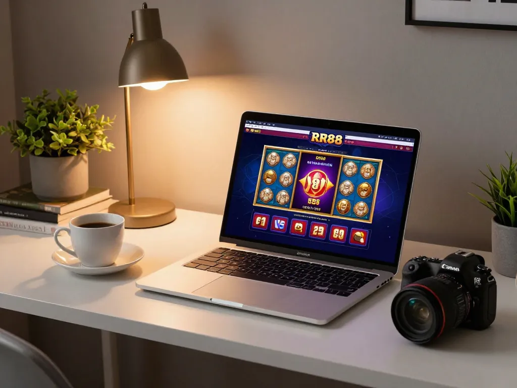 Engaging gameplay on RR88 casino website displayed on laptop, showcasing vibrant slots and poker