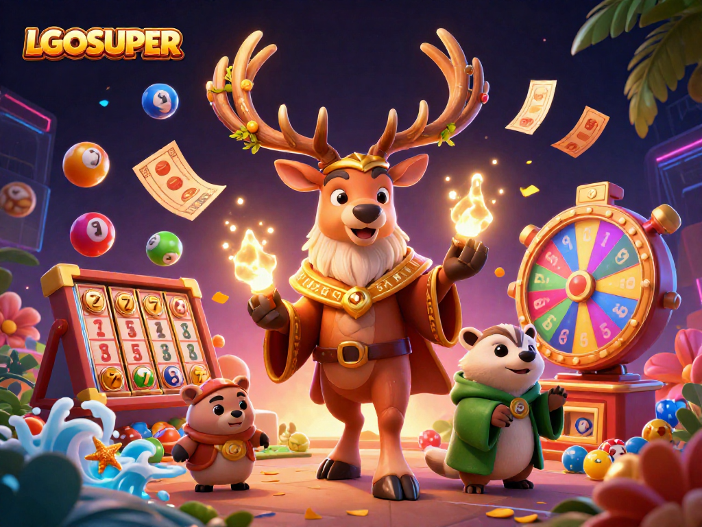 Join the exciting world of LGOSUPER slots, featuring colorful lottery balls and dynamic gaming elements.