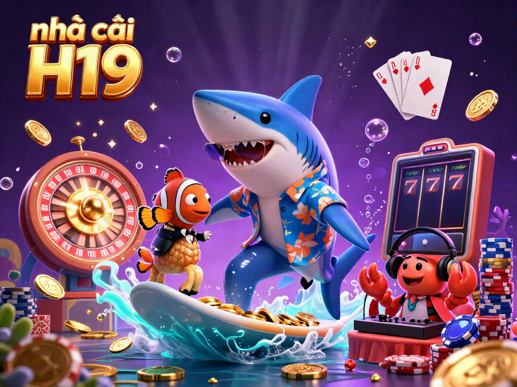 Experience the excitement at nhà cái H19 with a playful scene of a hammer-head shark surfing coins and a crab DJ surrounded by vibrant casino elements.