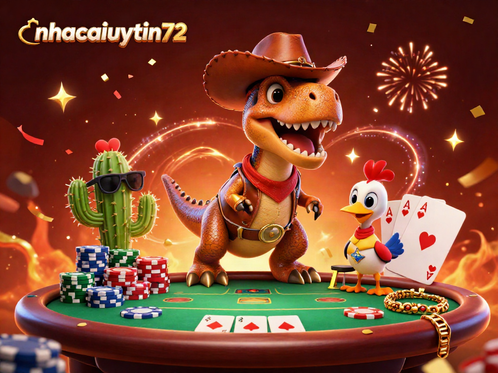 Witness the vibrant world of gambling with nhacaiuytin72's thrilling poker showdown featuring a cowboy dinosaur and friends.