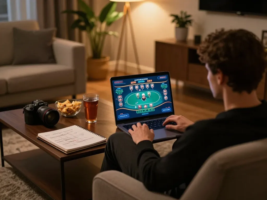 Person enjoying online poker at home with xx88, showcasing an engaging gaming setup in a cozy atmosphere.