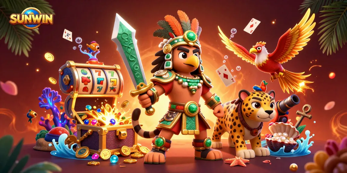 SUNWIN showcases vibrant Aztec warriors and dynamic casino elements in an engaging 3D illustration