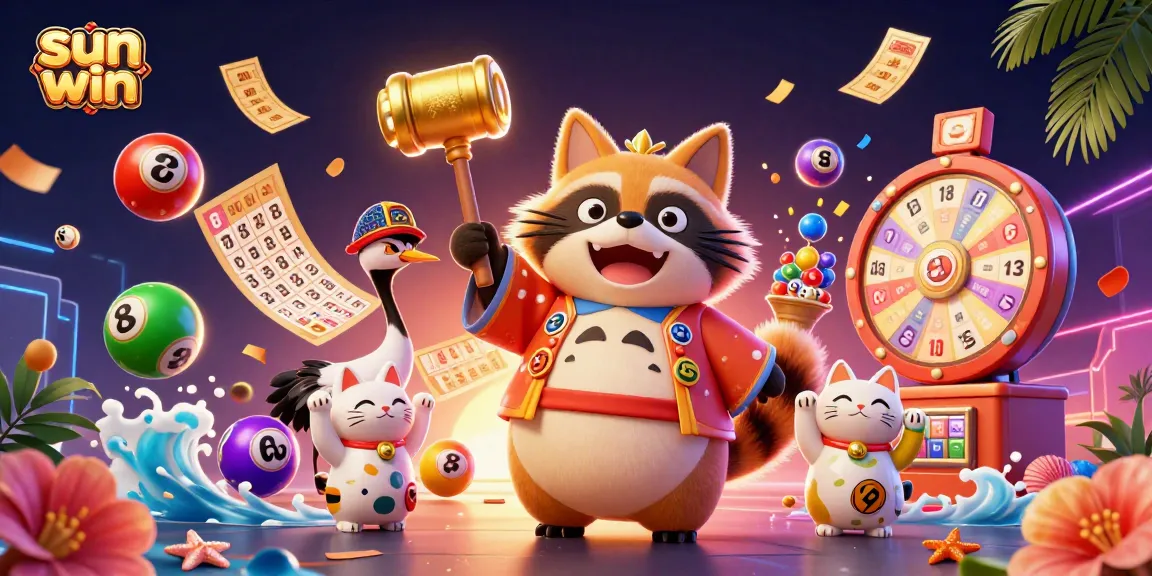 Engage with sun win's lively 3D illustration showcasing cheerful characters and vibrant casino elements in action.