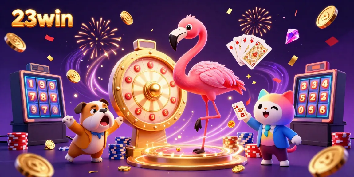 Experience excitement at 23win with a vibrant 3D illustration of a game show host and contestants amid casino elements.