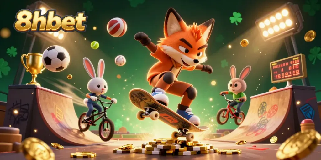 Experience thrilling wins with 8xbet as a 3D fox performs stunts above golden poker chips in a vibrant casino scene.