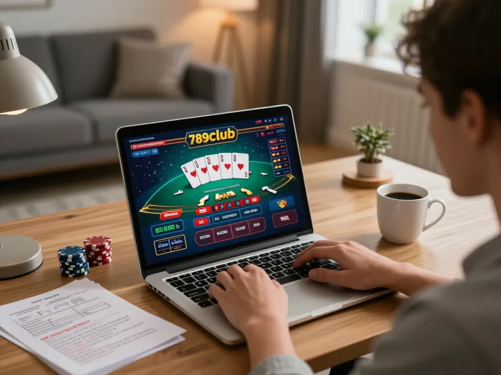 Player enjoying an engaging online poker game on 789club, showcasing a cozy gaming setup