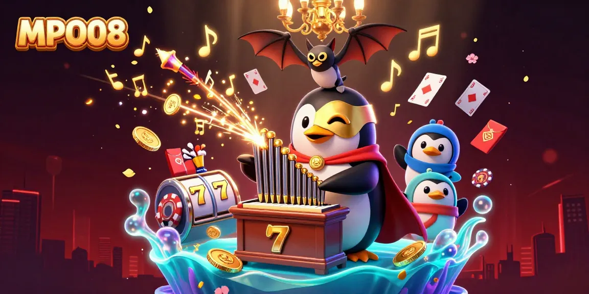 MPO08's inviting cartoon scene features a penguin playing an organ amidst vibrant casino motifs.
