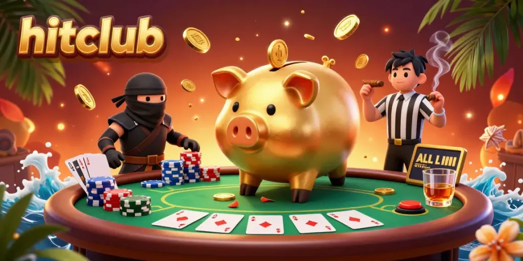 hitclub's engaging 3D scene features a golden piggy bank sumo wrestler amidst poker elements and celebratory coins.