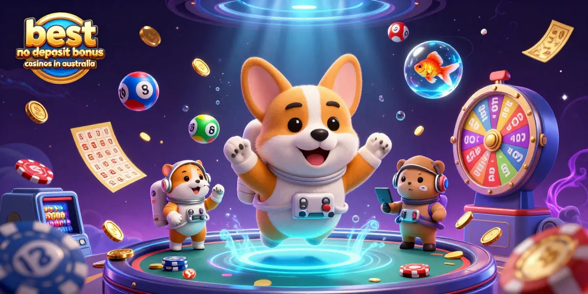 Engage in the universe of the best no deposit bonus casinos in australia with a vibrant 3D illustration featuring a corgi and games.