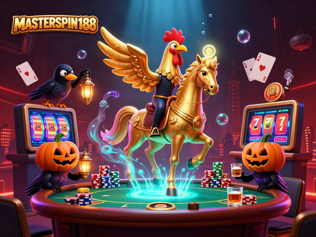 Win big at MASTERSPIN188 with a vibrant casino scene showcasing golden rooster and poker elements.