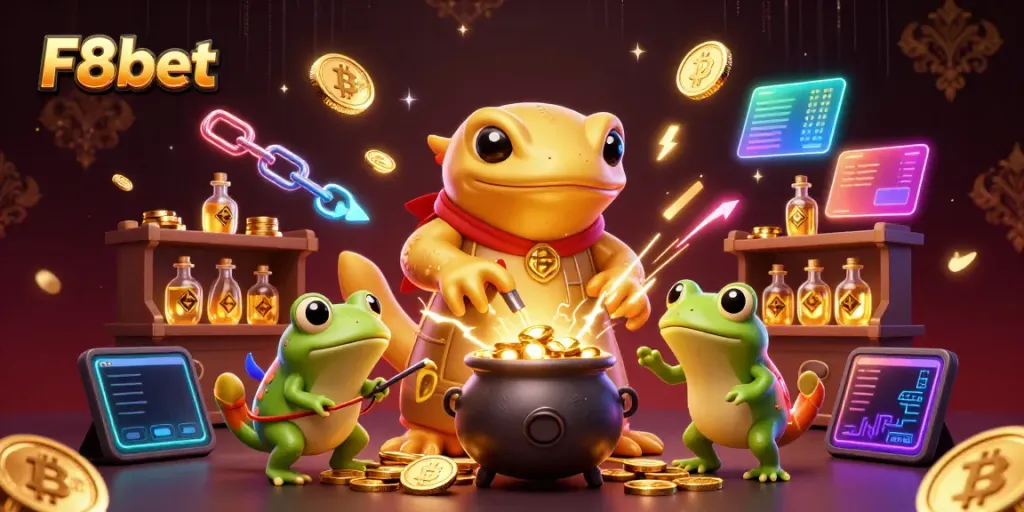 Experience the magic of F8bet with a golden salamander alchemist crafting gold coins in a vibrant casino scene.