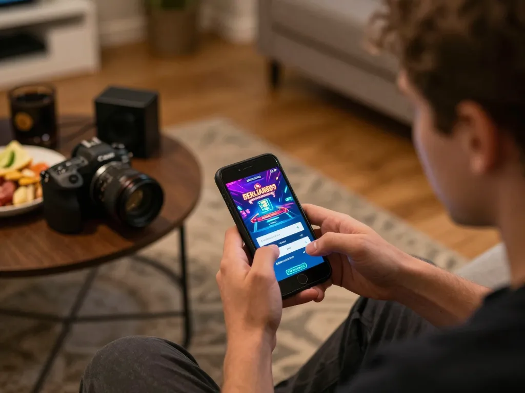 Experience seamless BERLIAN889 Login while enjoying mobile casino gaming on a cozy sofa.