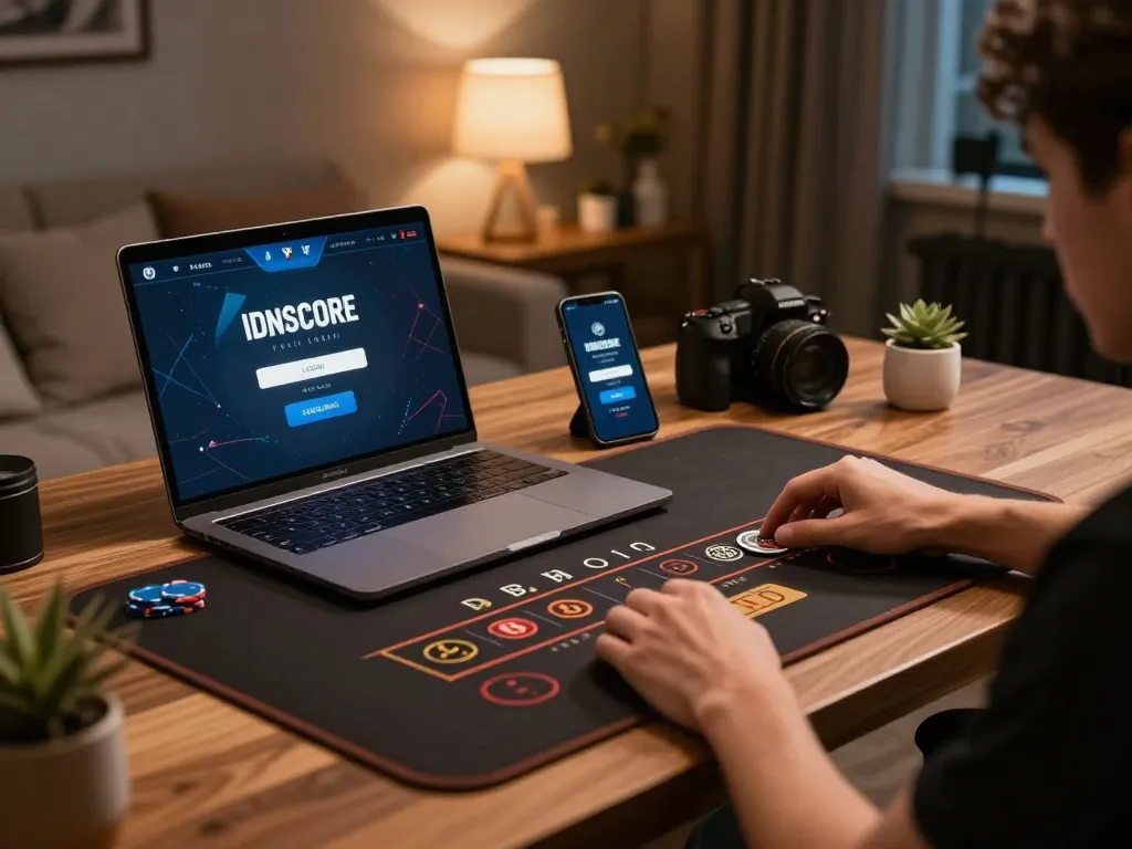 IDNSCORE LOGIN interface displayed on a laptop, showcasing online gambling excitement.