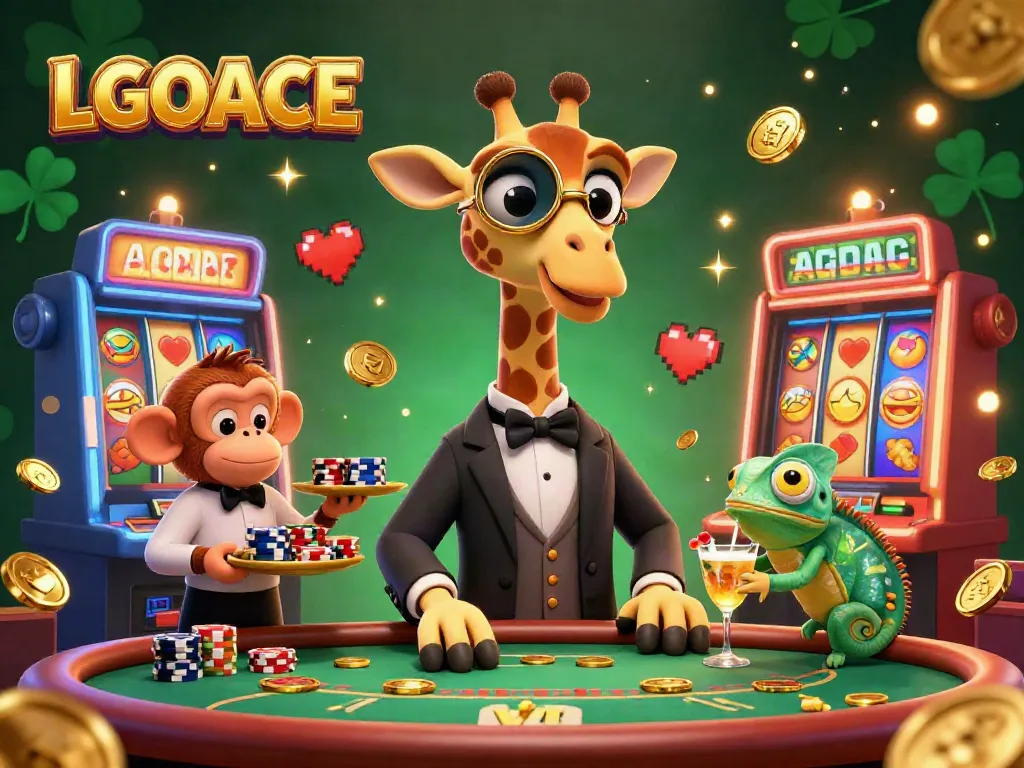Engage with LGOACE's vibrant gaming scene featuring a high-roller giraffe and colorful slot machines.