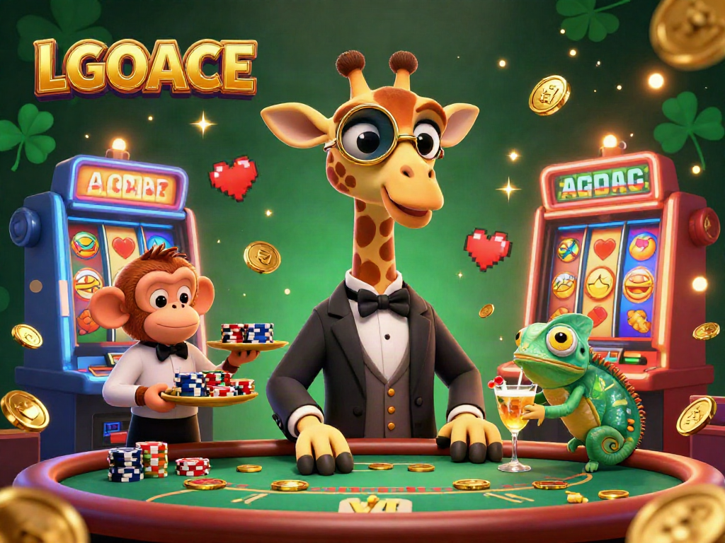 Engage with LGOACE's vibrant gaming scene featuring a high-roller giraffe and colorful slot machines.