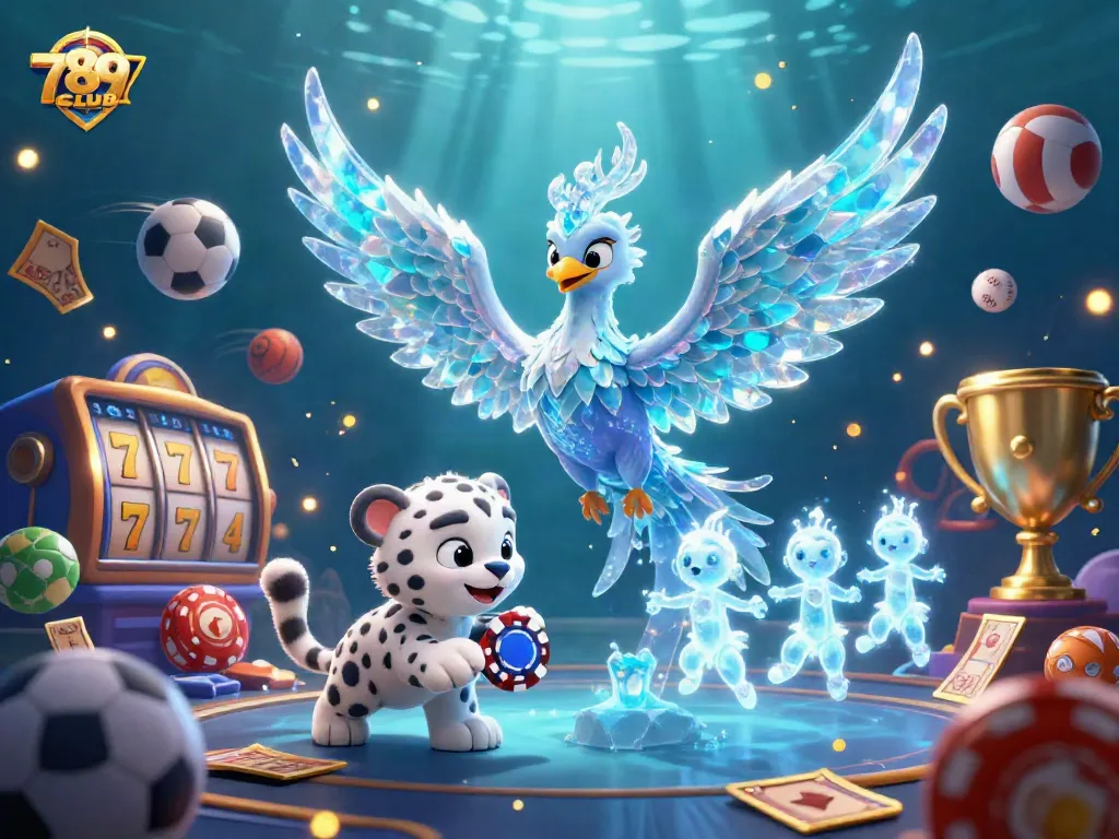 Engage in thrilling casino action at 789CLUB with an enchanting ice phoenix and playful snow leopard.
