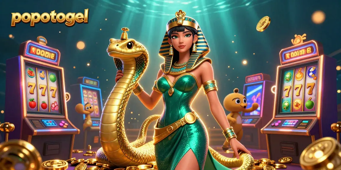 Experience the thrill of popotogel with a dazzling scene of slot machines and a stunning character ensemble.