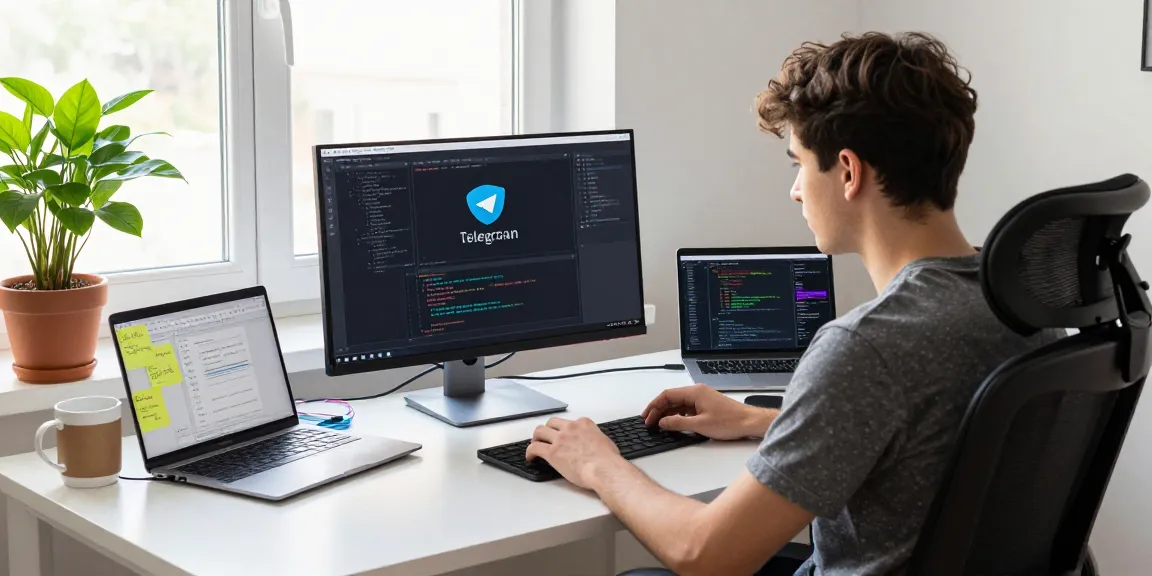 Experience seamless communication with a Telegram Download in a vibrant tech workspace.
