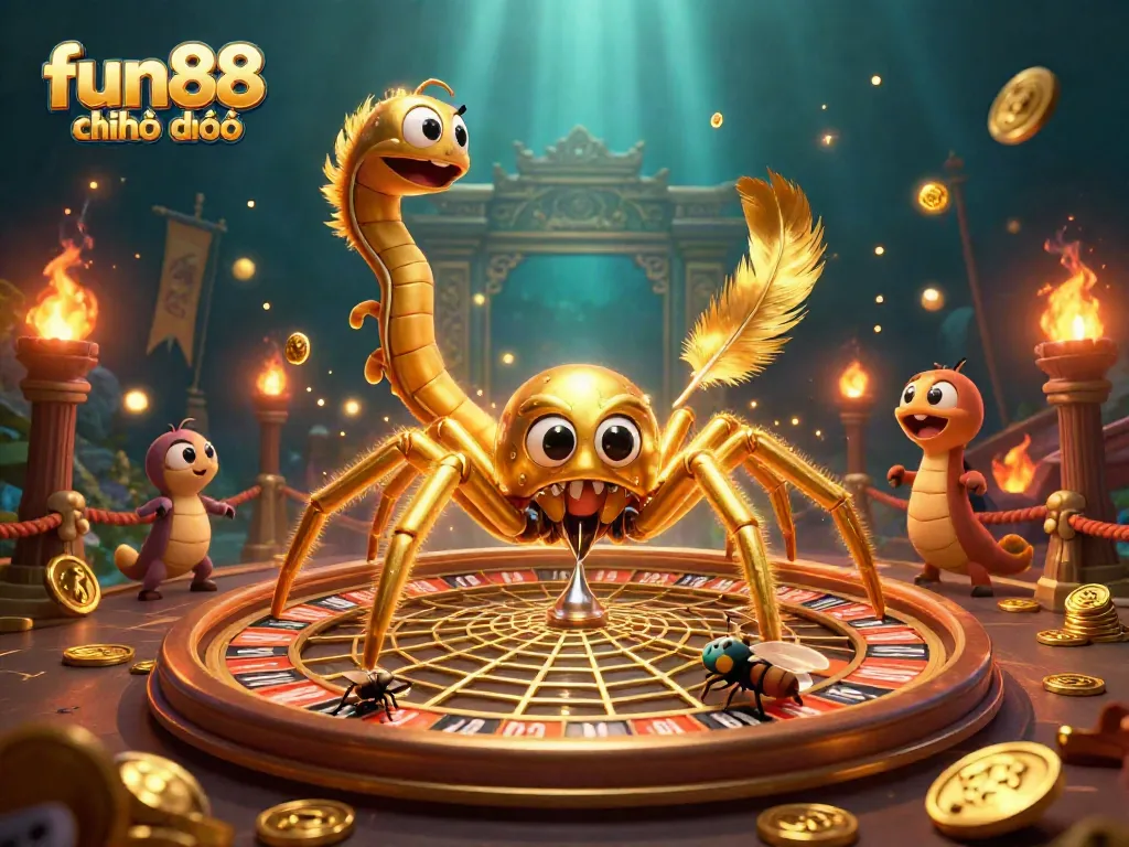 Engaging fun88 chính thức scene with a golden spider and centipede croupier in a roulette web.