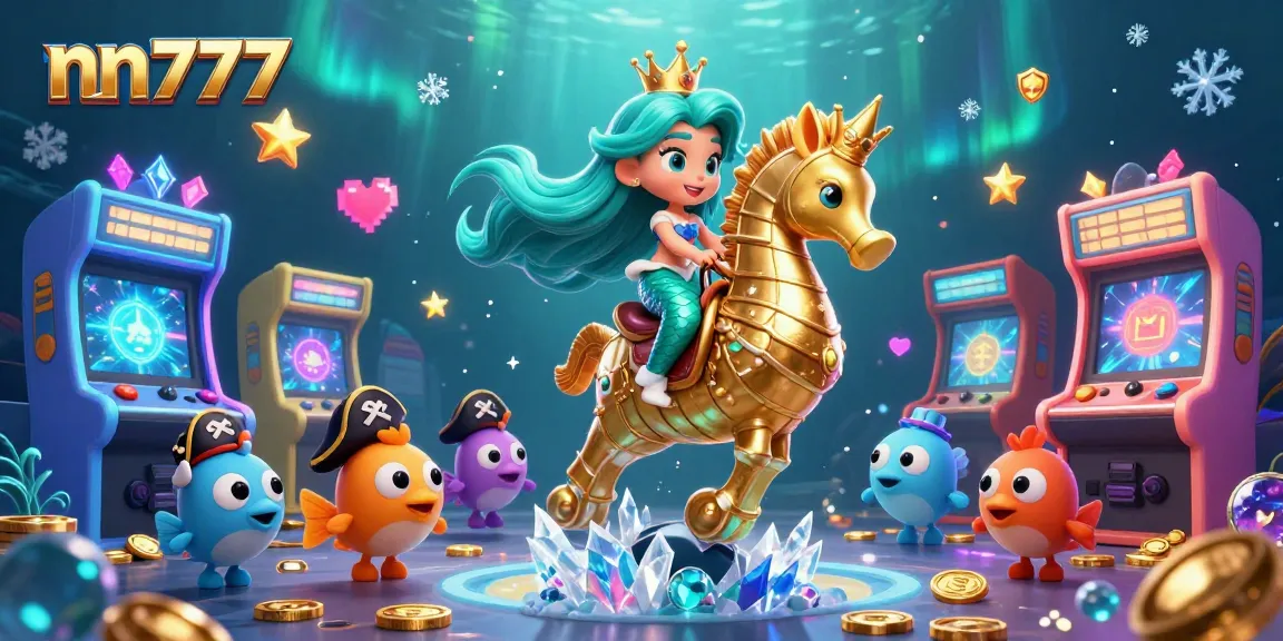Engage with nn777's immersive underwater casino scene featuring vibrant characters and gaming elements.