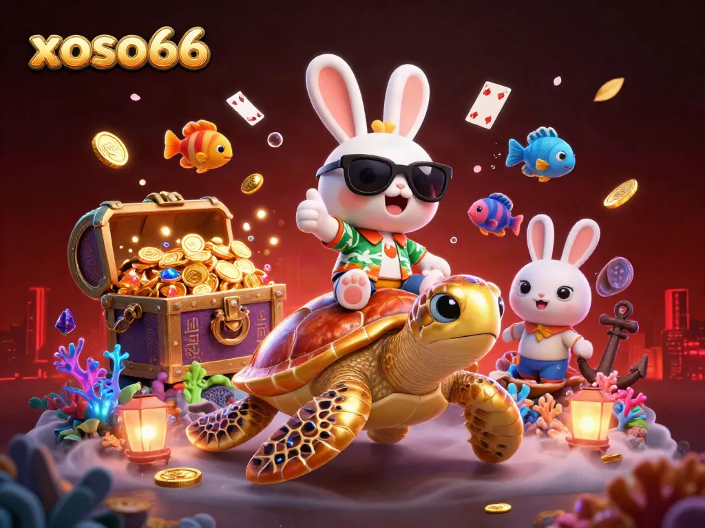 Experience the thrill of xoso66 from a playful lucky rabbit and a golden turtle in a vibrant 3D scene.
