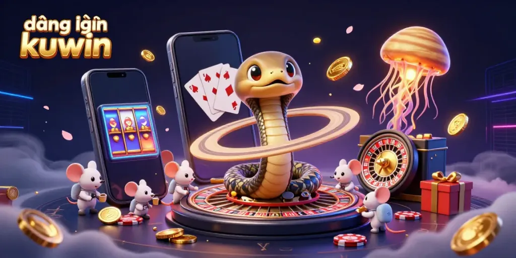 Experience the excitement of đăng nhập kuwin with a cosmic gambling scene featuring a roulette wheel and animated characters.
