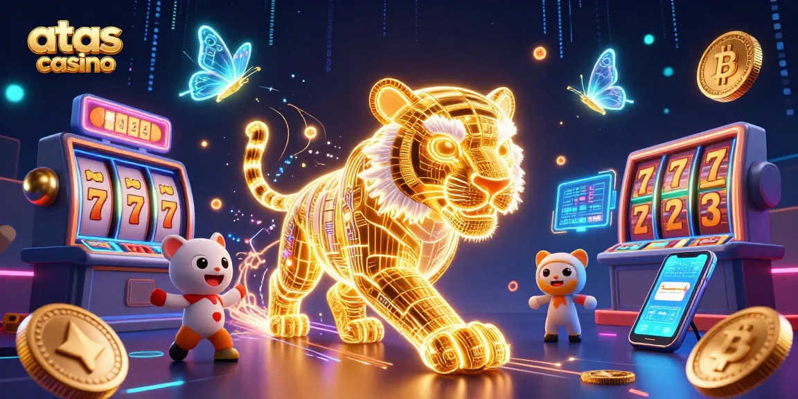 Experience the vibrant world of atas casino with interactive slot reels and a stunning golden tiger in a neon-lit digital landscape.