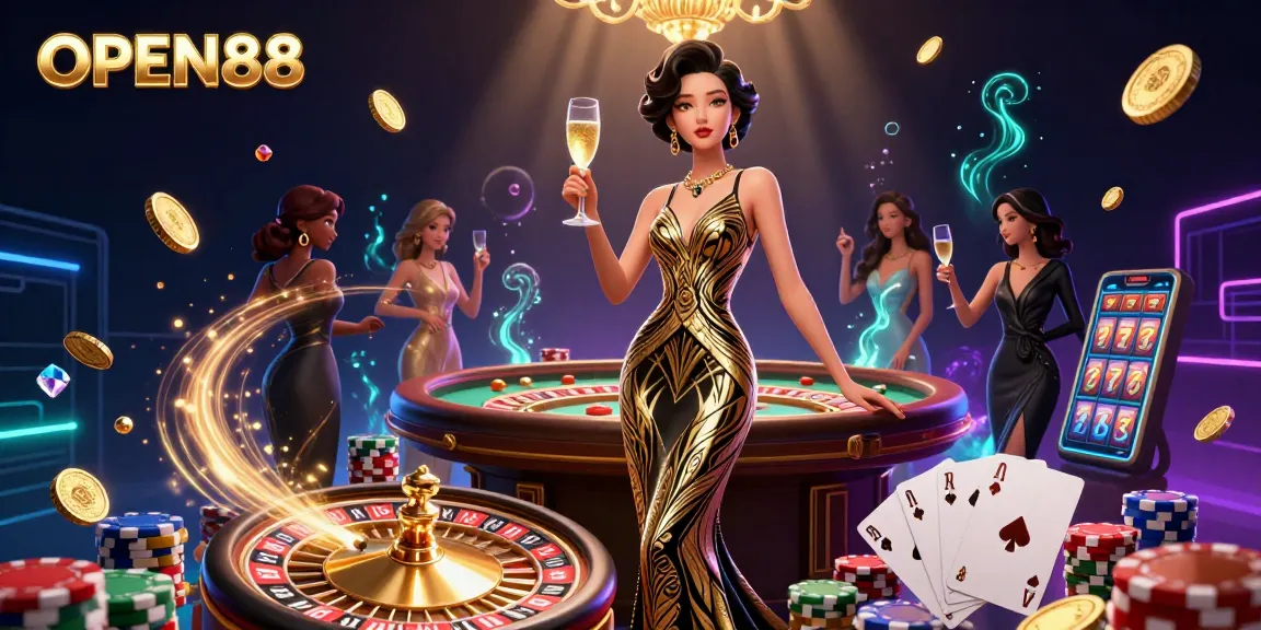 Experience thrilling gameplay at OPEN88 with elegant Asian femme and casino elements in a sparkling atmosphere.