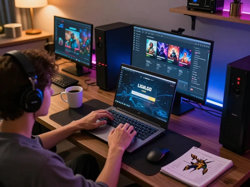 LIGALGO LOGIN for online gaming setup with dynamic games displayed on a laptop screen.