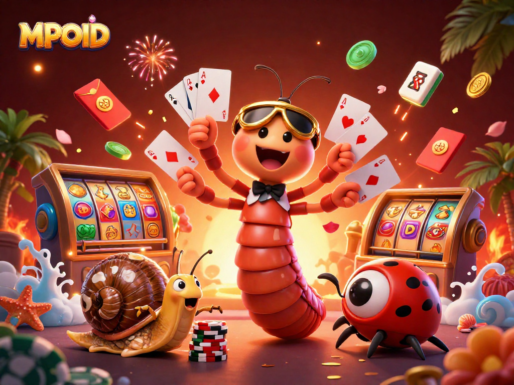 MPOID showcases a vibrant casino scene with animated characters and dynamic slot elements, engaging players with excitement.