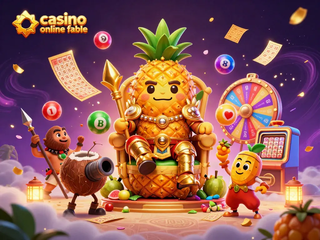 Juega en un casino online fiable para ganar premios con un rey piña en una vibrante escena de casino.
