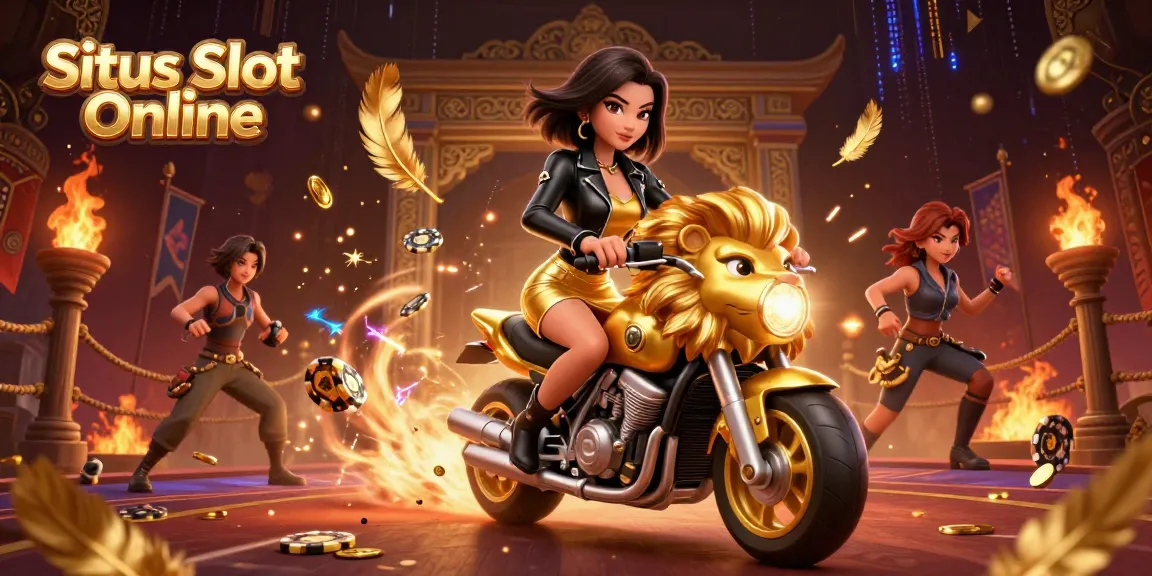 Situs Slot Online showcases a glamorous woman riding a golden lion amid vibrant casino elements.