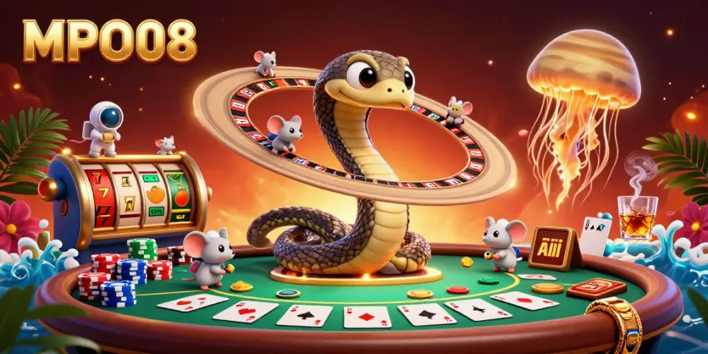Experience the cosmic thrills of MPO08 with a vibrant 3D casino scene featuring unique characters and dynamic game elements.
