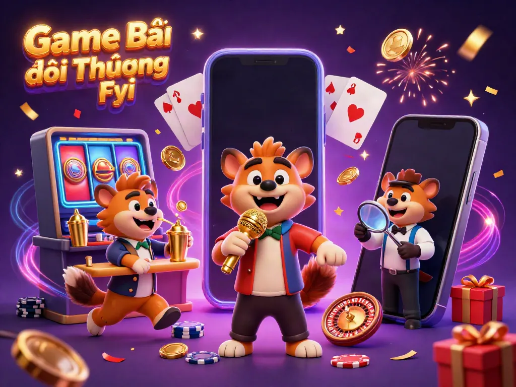 Experience the fun at Game Bài Đổi Thưởng Fyi's casino club with lively hyenas, slot games, and vibrant casino elements.