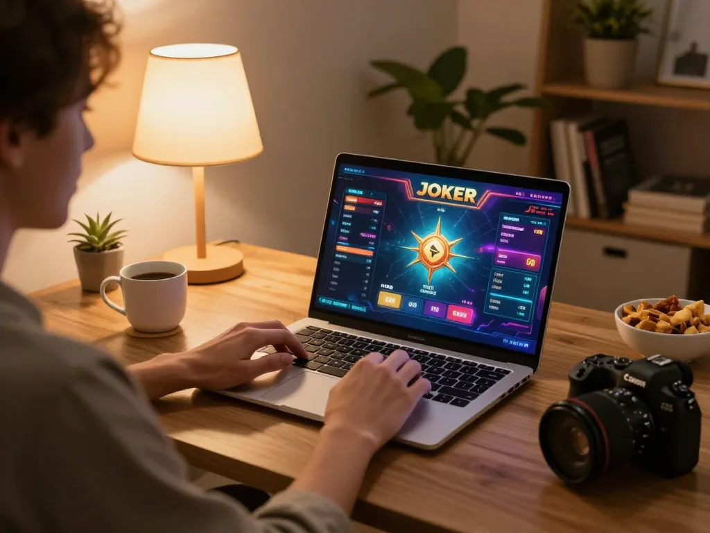 Player engaging with IDC88 JOKER on a laptop in a cozy living room, creating a focused gaming atmosphere.