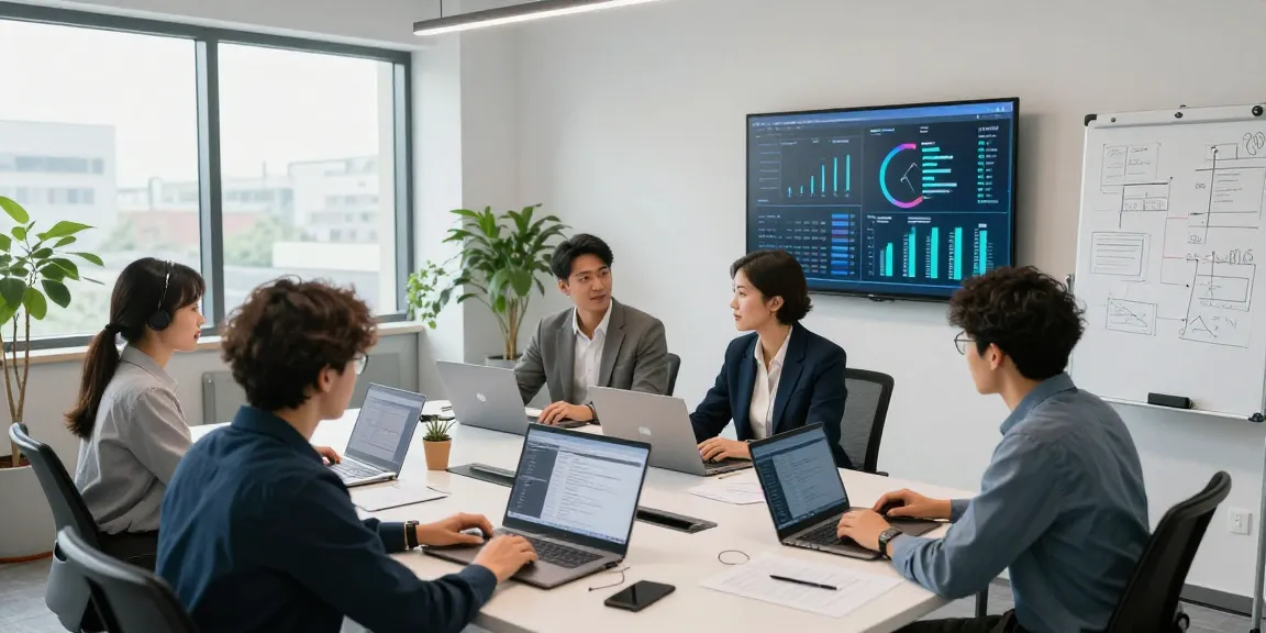 IT support for business team collaborating in modern office, showcasing data analytics and strategic planning.