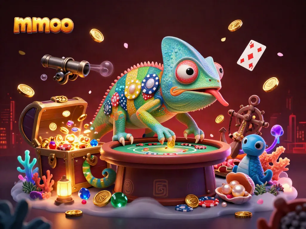 mmoo chameleon casino owner captures golden coins in an underwater treasure setting.