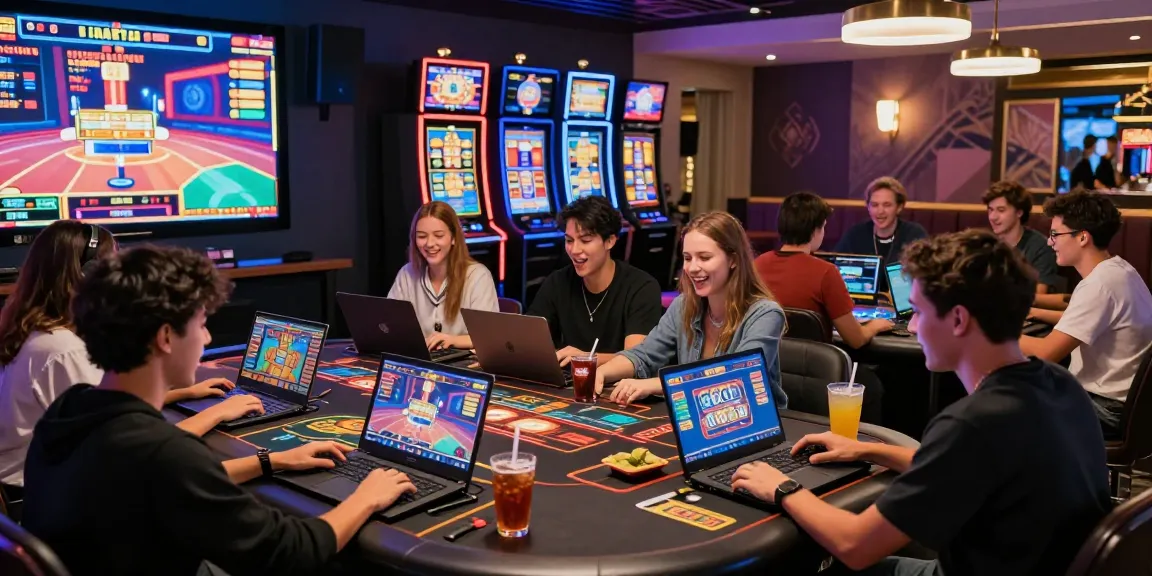 LUCK8 online casino gaming with friends in a vibrant lounge.