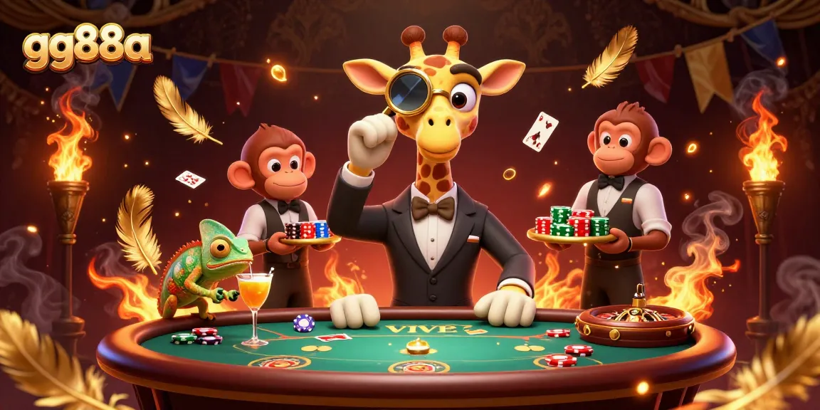 gg88a showcases a vibrant scene with a giraffe poker player and monkey valet amid casino elements.