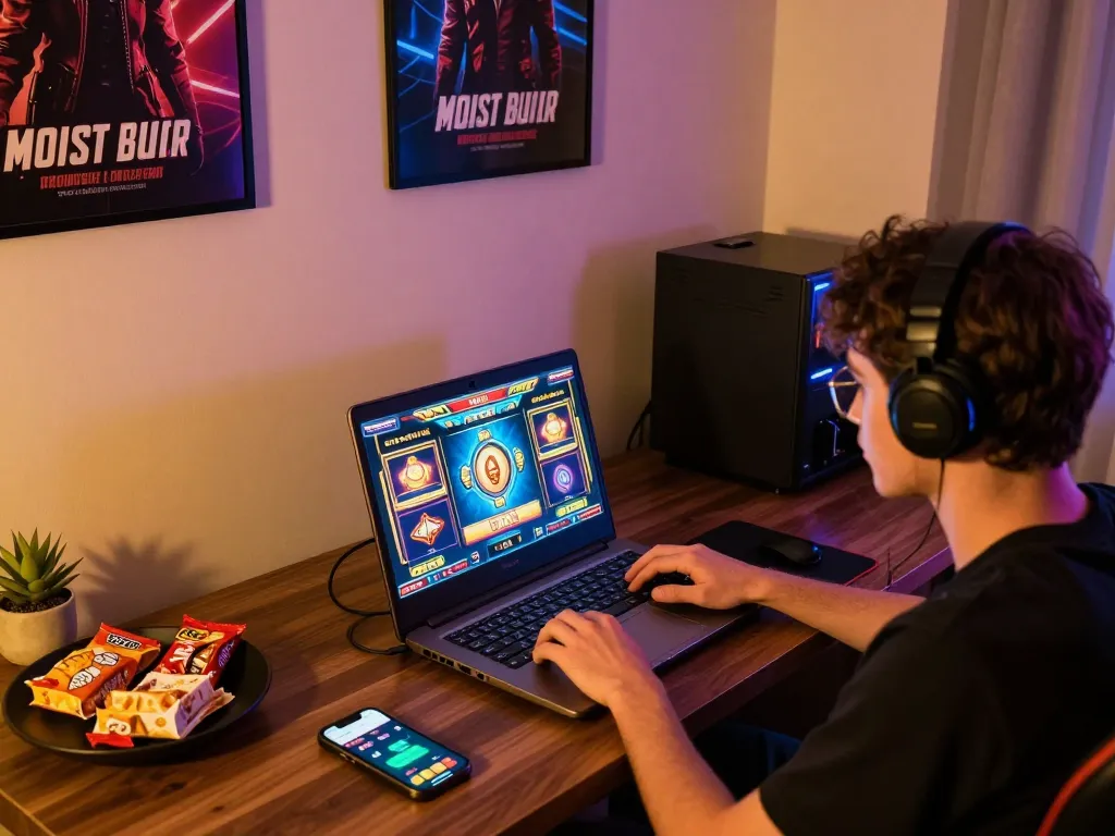 Engaging in online slot games at vegasslot77 with a laptop and smartphone